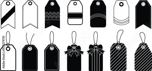 Price tag label collection, retail sale badge templates with hanging tags silhouette outline vector illustration set isolated design bundle