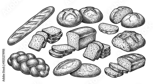 Bread and bakery set in vintage engraving style
