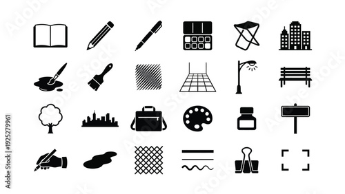 Black Icon Set on White Background including Office Supplies and Cityscape Elements