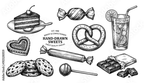 Hand drawn sweet collection in vintage engraving style