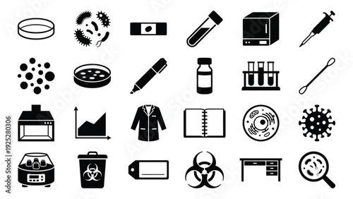 Medical Icons Set with Laboratory Equipment and Hazmat Symbols