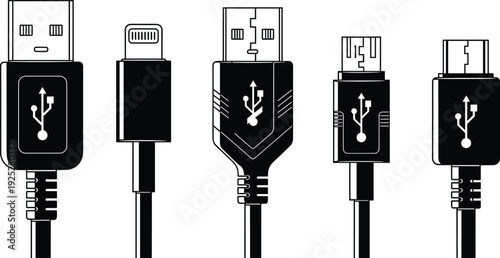 USB cable connectors collection, data transfer charging plug types vector illustration set, technology hardware interface icons isolated design bundle pack
