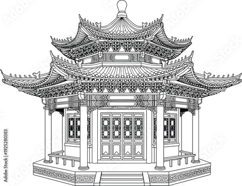 Traditional asian temple pavilion architecture line art illustration detailed oriental building design cultural heritage structure isolated vector outline drawing