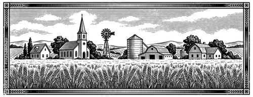 Village farm landscape in vintage engraving style