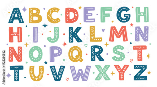 Decorative kids alphabet collection in hand drawn style