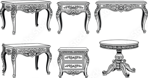 Vintage baroque furniture tables collection, ornate antique wooden desk and side table vector illustration, classic luxury interior design set