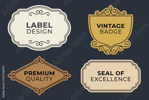This image presents a collection of vintage badge designs, perfect for providing a classic touch to branding, emphasizing quality and tradition in a sophisticated manner.