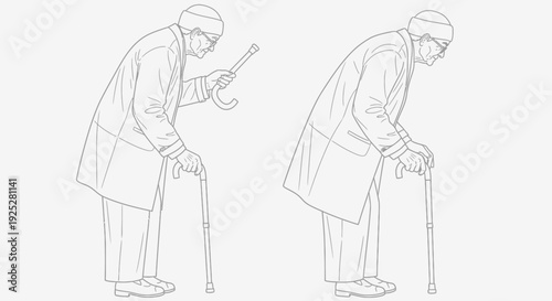 Elderly Man Using Crutches for Support.
