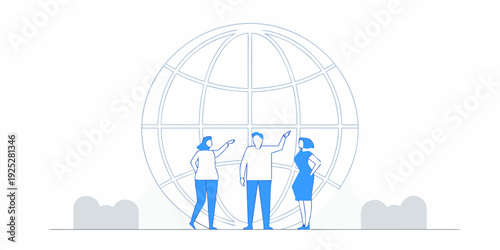 Three people discussing global connections in a minimalist line art style