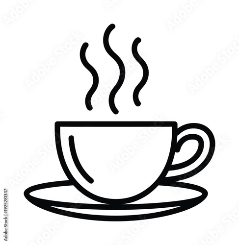 Vector of a steaming hot cup of coffee on a saucer depicted in a simple black line art style