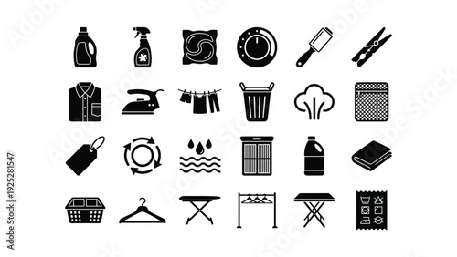 Laundry Icons Set with Cleaning Supplies in Black and White Style