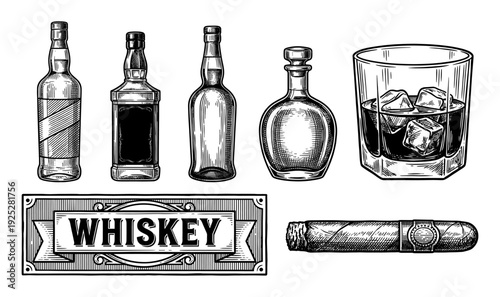 Whiskey bottles and glass with cigar in vintage engraving style