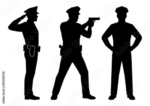 Police officer silhouette set saluting and aiming gun