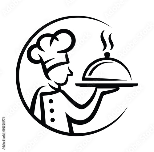 Vector shows a chef holding a steaming hot dish on a serving tray
