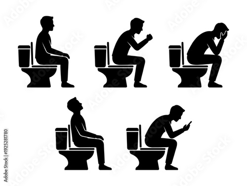 Man silhouette set sitting on toilet in different poses