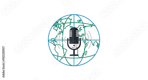 Microphone on a globe symbolizing global communication and broadcasting.