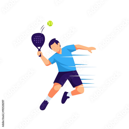 Man playing padel tennis, hitting ball with racket, dynamic action shot, sport concept