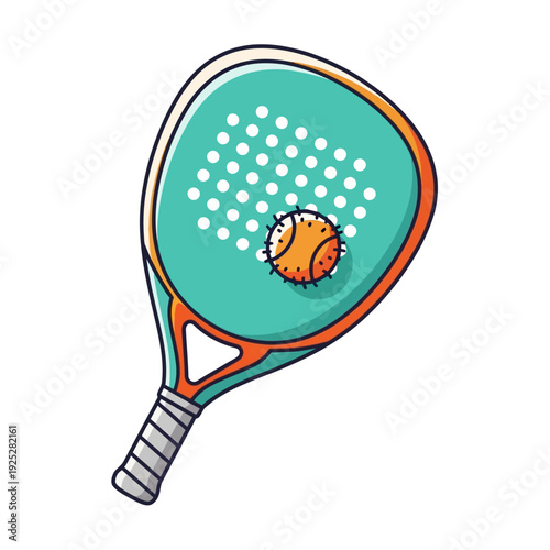 Padel Racket and Ball Icon, Sport Equipment, Turquoise and Orange Colors