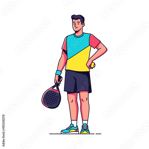 Man holding padel racket and ball, ready for game, sports concept