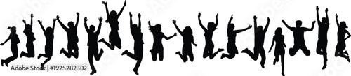 Black Silhouette Collection of Happy Jumping People Diverse Men Women Children and Dogs in Nature Forest Landscape flavector Adobe StockBlack Silhouette Collection of Happy Jumping 