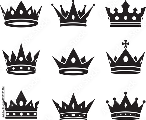 Fotografie Nine black royal crowns on white background black crowns king crowns queen crown