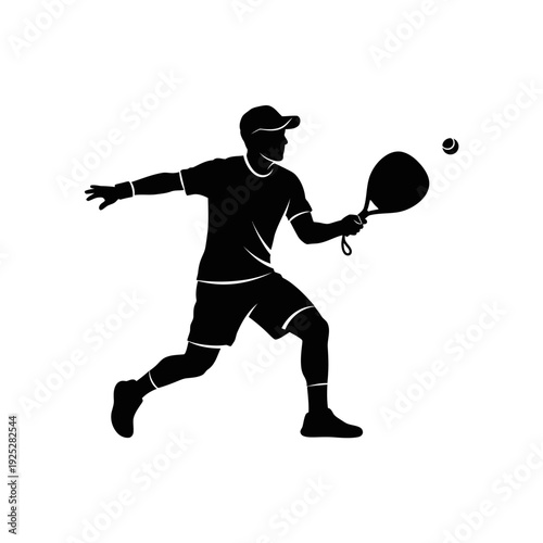 Silhouette of a man playing padel tennis, hitting the ball with a racket, dynamic action shot.