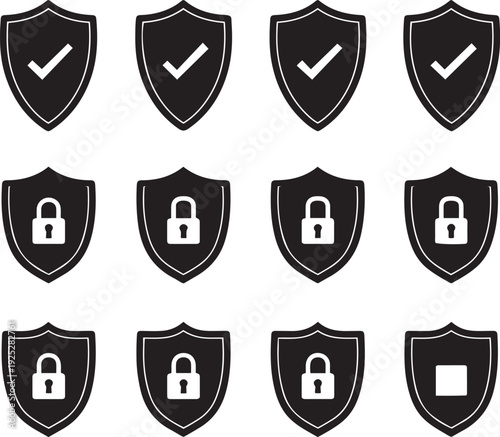 Twelve black shield with white checkmarks and locks for security protection black shields padlock