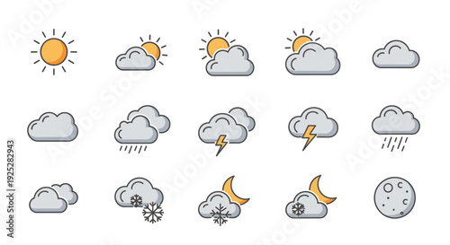 Diverse Weather and Climate Forecast Icons Collection in Bright Studio.