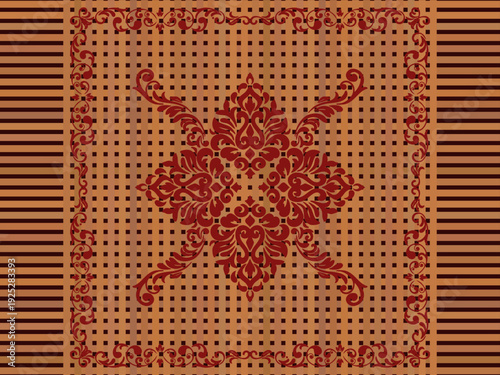 Vintage Red Damask Motif on Orange and Brown Cross-Hatch Lattice Background with Ornamental Border for Traditional Textile and Luxury Wallpaper Design