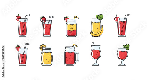 Set of Refreshing Summer Fruit Drinks with Straws and Garnishes on Isolated White Background