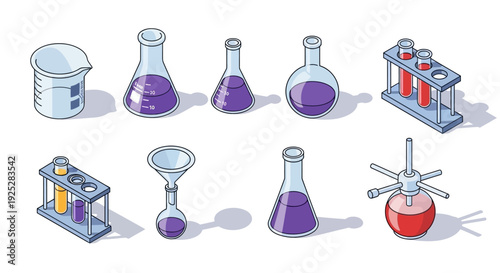 Isometric Laboratory Glassware Set for Science Experimentation and Research on Isolated White Background