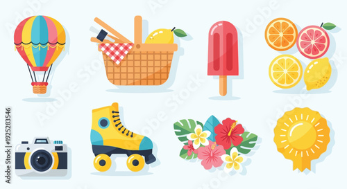 Collection of vibrant summer and leisure activity icons including hot air balloon, picnic, popsicle, fruits, camera, roller skates, tropical flowers, and a medal.