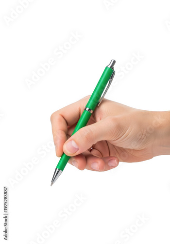 Hand holding a green pen, isolated on transparent background