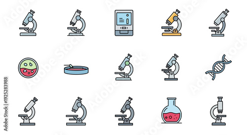 Flat Design Microbiology and Medical Research Icons Set on Isolated White Background