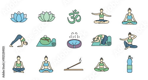 Flat Design Yoga and Meditation Icons Set on Isolated White Background