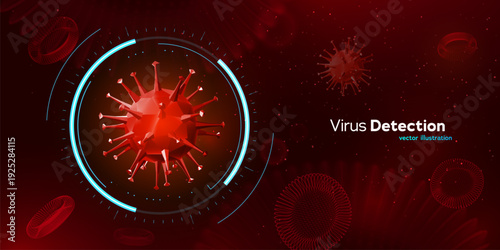 Virus Detection Futuristic Medical Background With 3D Red Pathogen And Digital HUD Interface. Viruses Technology Concept For Science And Healthcare Projects. Vector Illustration.