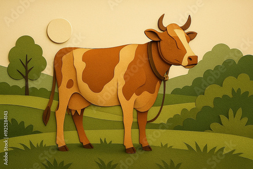 a brown cow with white patches and bell around its neck on green hills under the orange sun with rays and layered clouds in a light background.