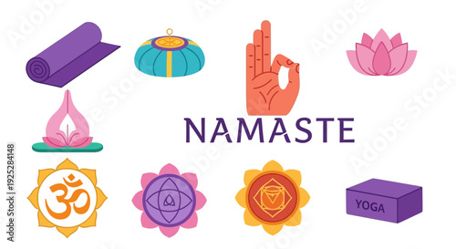 Yoga and Meditation Wellness Elements with "NAMASTE" Text Icon Set, isolated white background