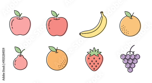 Fresh Fruit Collection of Healthy Food Flat Vector Icons on Isolated White Background