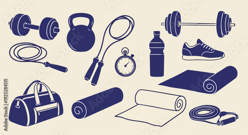 Fitness Gym Doodle Icon Set – Dumbbell, Kettlebell, Barbell and Workout Essentials Sketch Vector Collection
