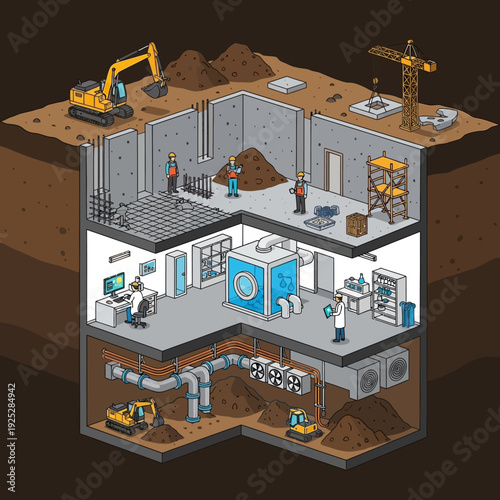 Underground Construction Site with Multiple Levels and Machinery.