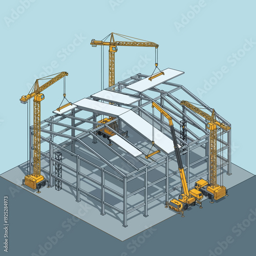 Construction site with cranes installing roof panels on a metal building frame.
