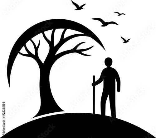 Serene silhouette of man standing under tree with birds flying above, symbolizing freedom and contemplation