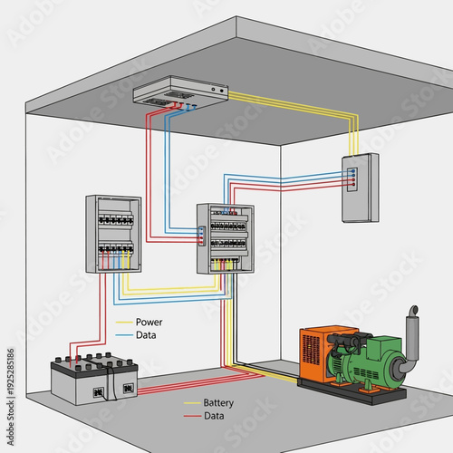 Diagram illustrating a backup power system with a generator, battery bank, and electrical panels connected by power and data cables.