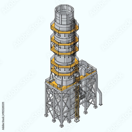 Industrial chimney structure with scaffolding and platforms, 3D rendering.