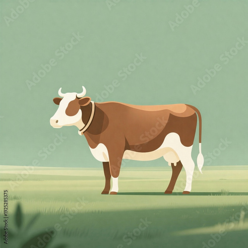 cows in rural landscapes, including a brown and white patched animal with a collar and a solid orange silhouette grazing in this bright green field.