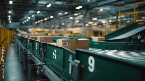 Conveyor sortation line in warehouse carrying parcel carton for order fulfillment and distribution.