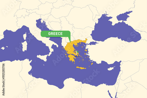 Illustration of Greece location map in Southern Europe with highlighted national borders and capital city Athens
