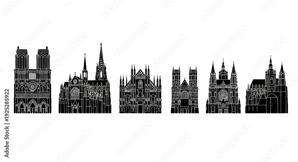 Obraz premium Gothic Architecture Silhouettes Against White Background.