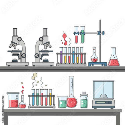 Laboratory equipment and scientific instruments on workbenches.